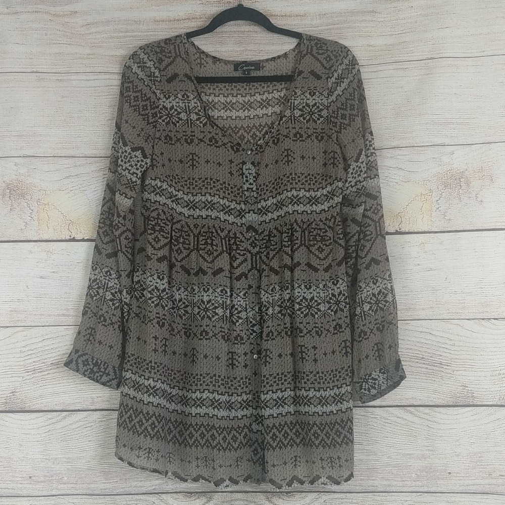 Cecico brown sheer tunic top sz Large